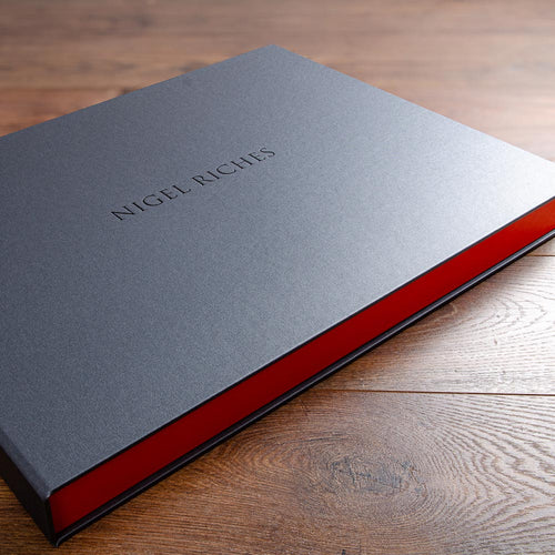 high quality metallic pewter clamshell photographers portfolio box with black foil personalised cover