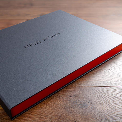 high quality metallic pewter clamshell photographers portfolio box with black foil personalised cover