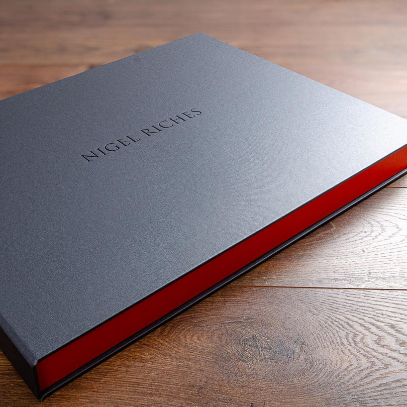 high quality metallic pewter clamshell photographers portfolio box with black foil personalised cover