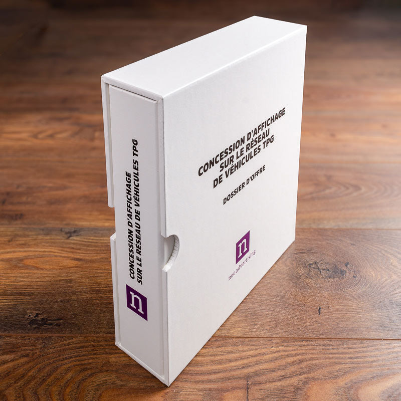 A4 custom made ring binder and slipcase in white with full colour printed logos on the cover. Handmade by Hartnack & Co - Gallery image 1