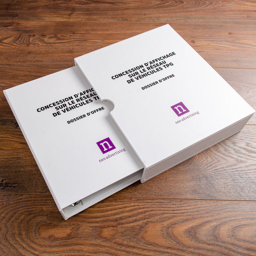 A4 custom made ring binder and slipcase in white with full colour printed logos on the cover. Handmade by Hartnack & Co