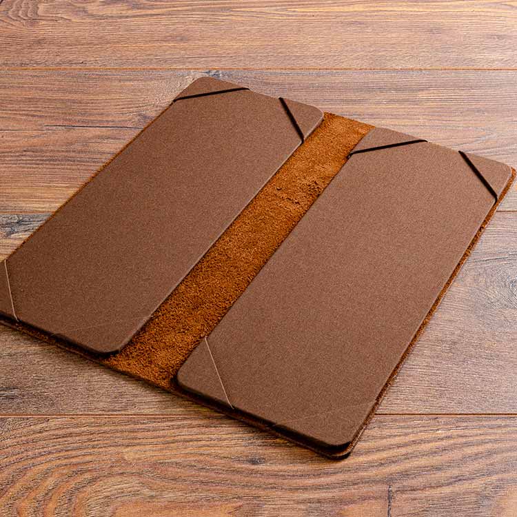A5 Leather cocktail menu boards open in brown leather