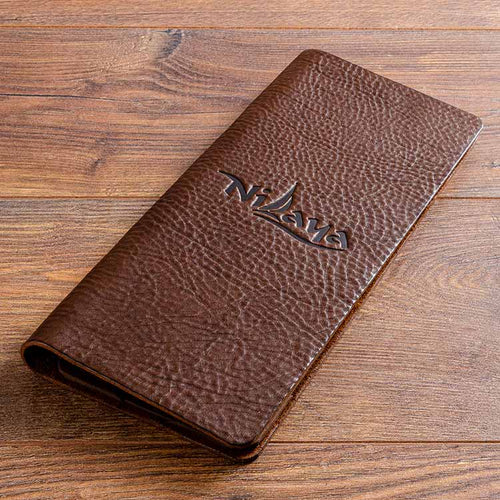 brown leather personalised A5 cocktail menus with embosses logo for super yacht