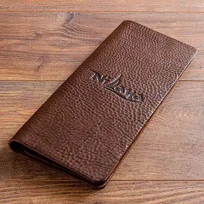 brown leather personalised A5 cocktail menus with embosses logo for super yacht