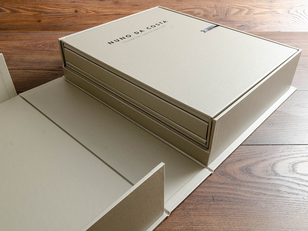 Designers presentation portfolio box with portfolio book in slipcase and foil embossed personalisation