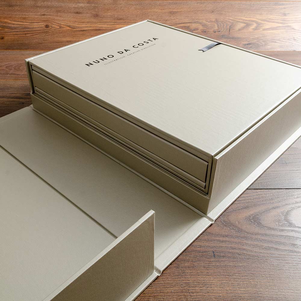 luxury bespoke clamshell box, slipcase and portfolio book in beige buckram with personalised cover - Gallery image 2