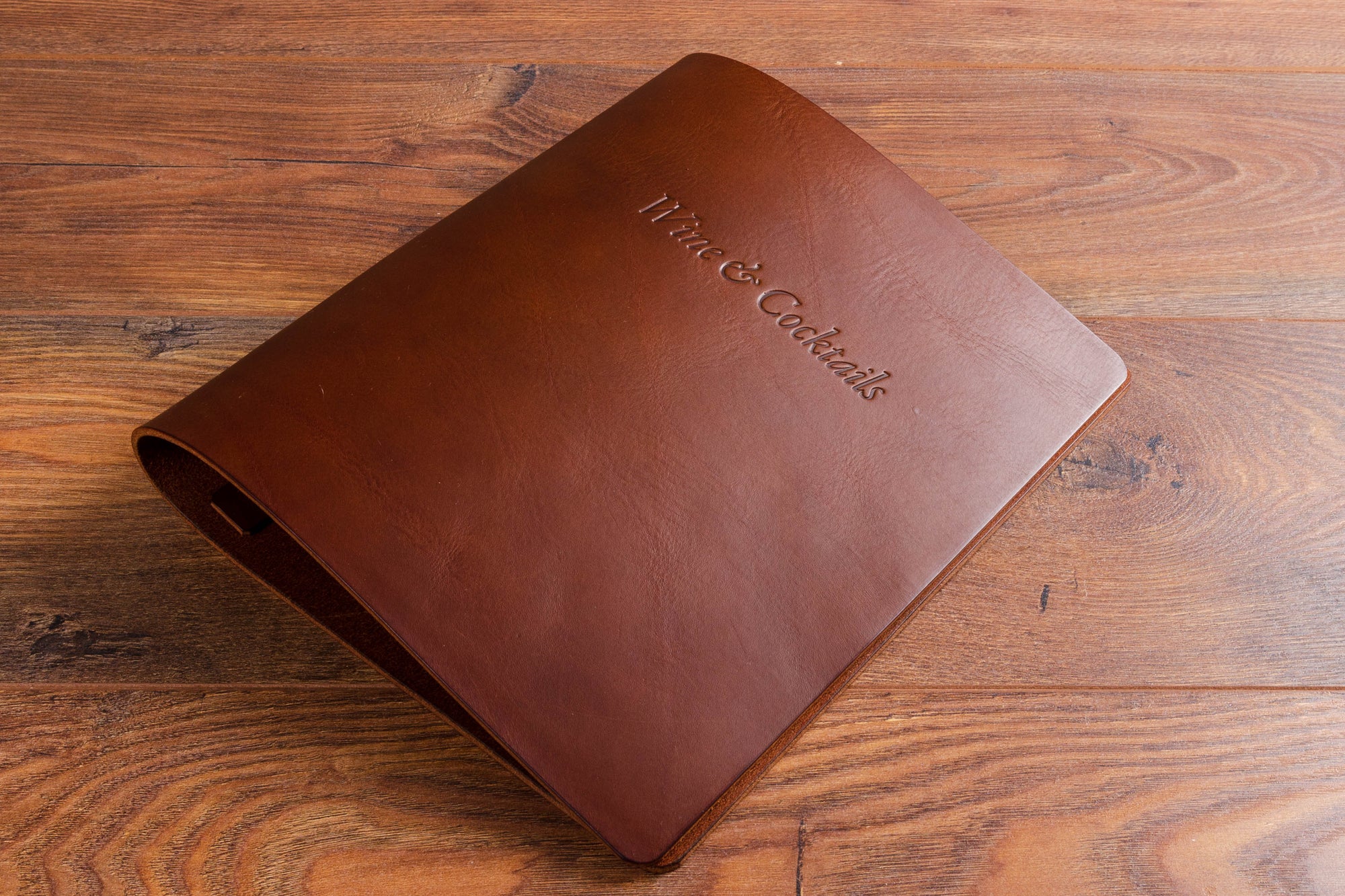 A4 brown leather exposed screw post menu cover personalised
