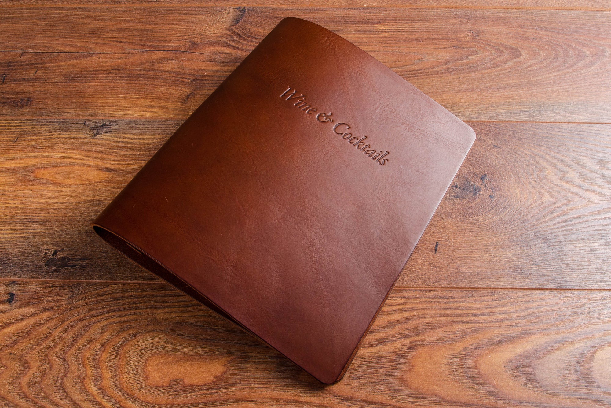 A4 brown leather exposed screw post menu cover personalised