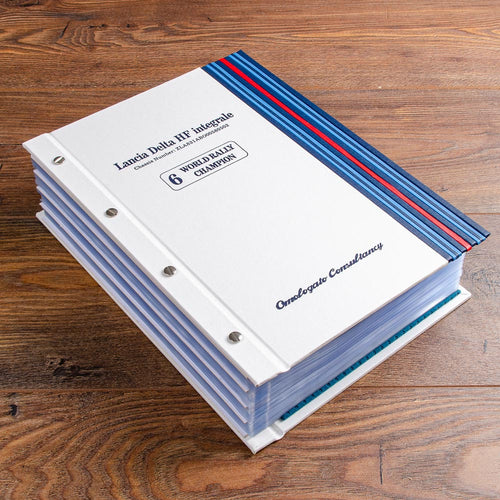 large white screw post binder with blue and red martini strip and blue foil embossing with Lancia Delta Intergrale embossing