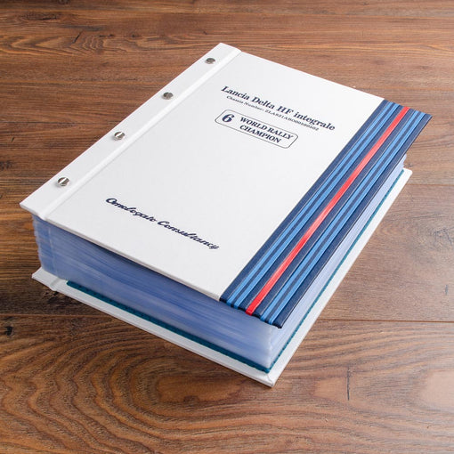 large custom car document binder with a white cover, personalised cover and blue and red stripes