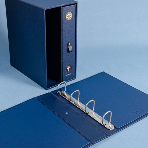 Custom made ring binder and box in blue fabric for Jaguar classic car documents