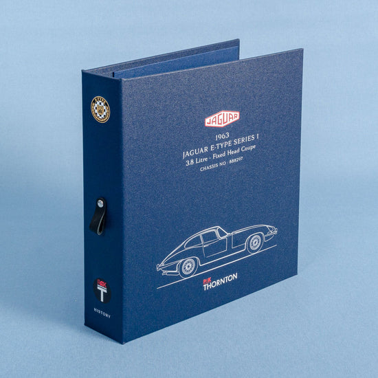 Custom ring binder in blue with personalised custom printing of Jaguar E Type on the cover for car documents