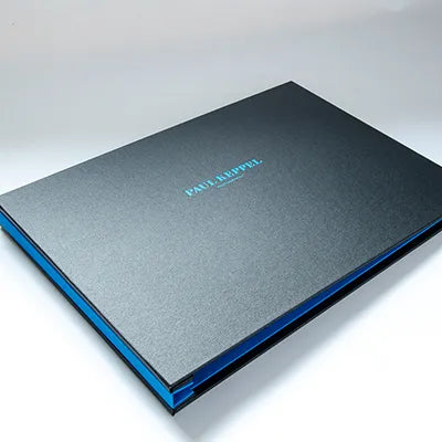 A3 photographers screw post portfolio book with personalised cover with blue embossed logo