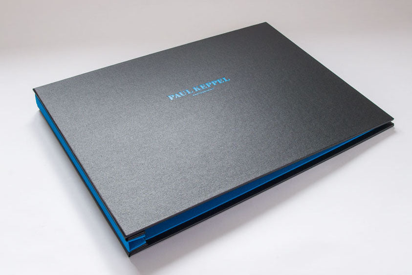 Custom made A3 photography portfolio book in charcoal and blue