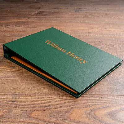 green screw post landscape portfolio book with copper foil personalisation on the cover