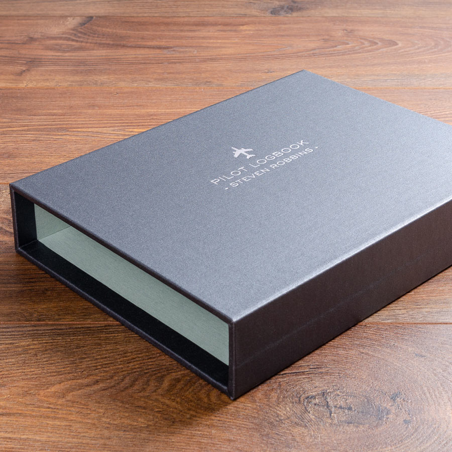 8.5x11 personalised slipcase in grey buckram with silver foil embossed cover - Gallery image 7