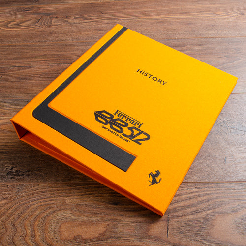 Luxury hand made Ferrari car restoration album and document file with embossed and foil logos