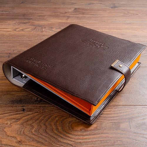 Leather binder wrap for Ferrari car history file and restoration file document holders