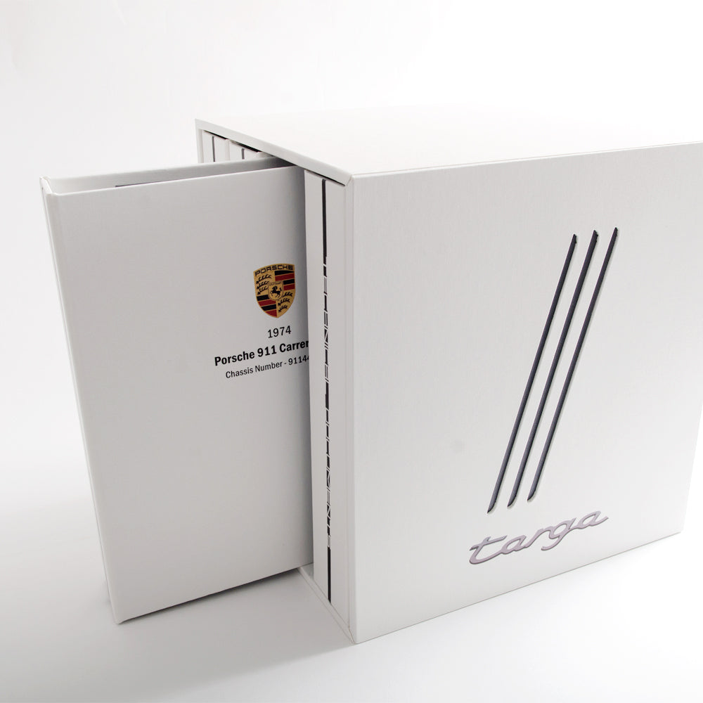 white custom made box with four ring binders with printed car logo for documents and history and invoices - Vehicles, Slipcase