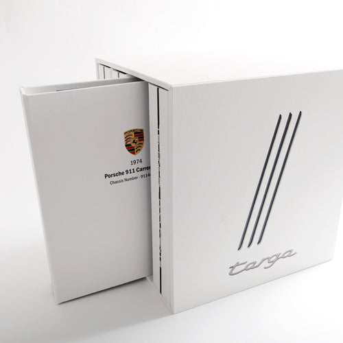 white custom made box with four ring binders with printed car logo for documents and history and invoices