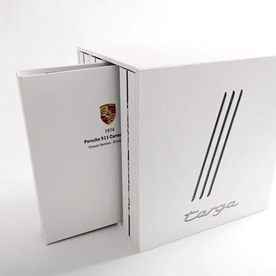 white custom made box with four ring binders with printed car logo for documents and history and invoices
