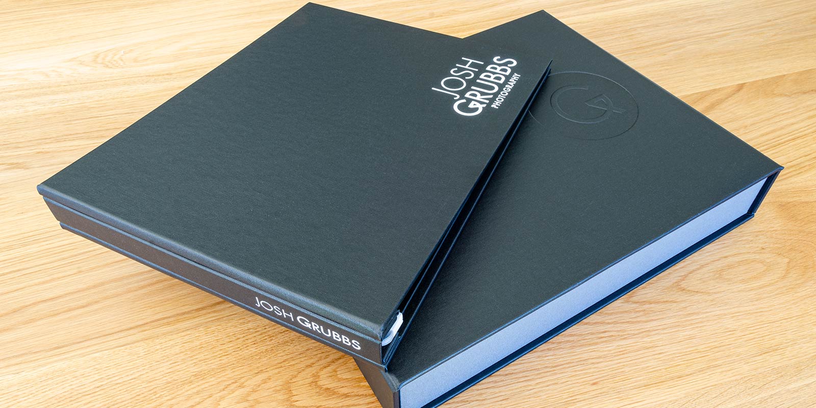 photographers portfolio book and portfolio box by H&Co with embossed personalisation