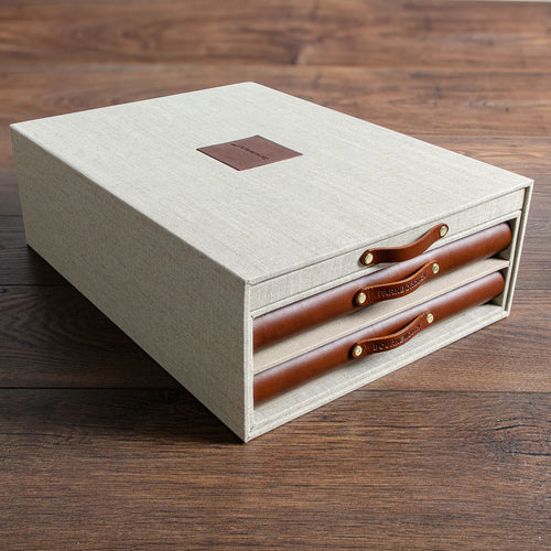 high quality custom made presentation box with brown leather binders and drawer for bid tender by Hartnack and Co