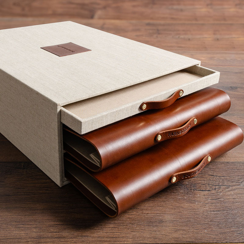 high quality bespoke presentation box with brown leather binders and drawer custom made for bid tender hand made by Hartnack and Co - Gallery image 2