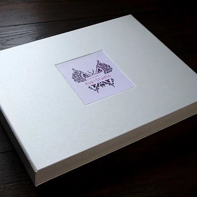 custom made presentation clamshell box with inset on the cover for printed card
