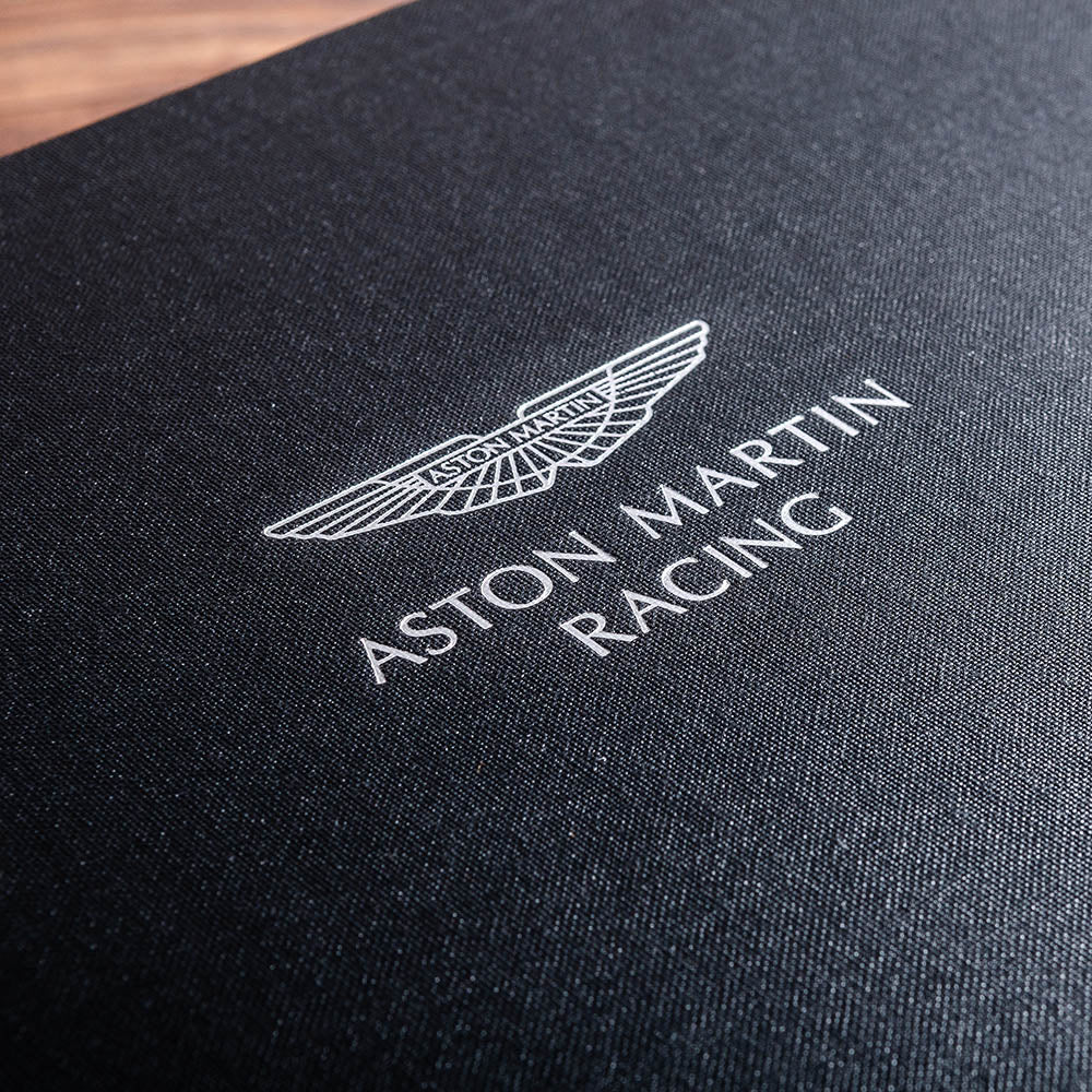 Silver foil personalisation embossed onto the cover of a bespoke binder for Aston Martin Racing - Gallery image 2