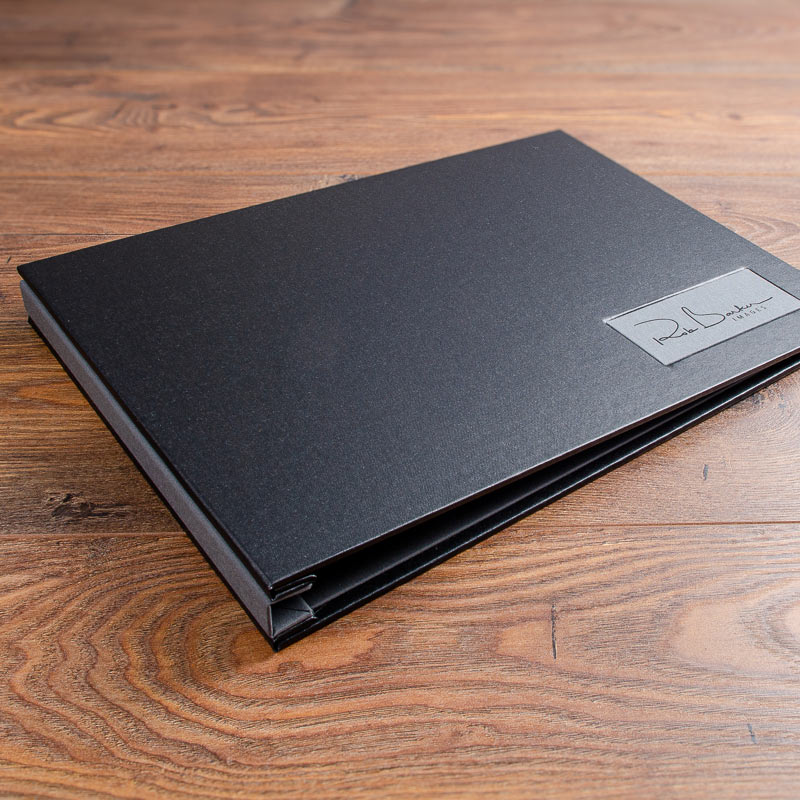 photographers A3 portfolio book in black buckram with grey fabric personalised name plaque - Gallery image 2