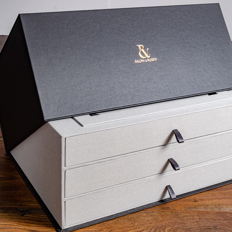 Large custom made presentation box with drawers and foiled logos hand made by Hartnack and Co - Gallery image 3