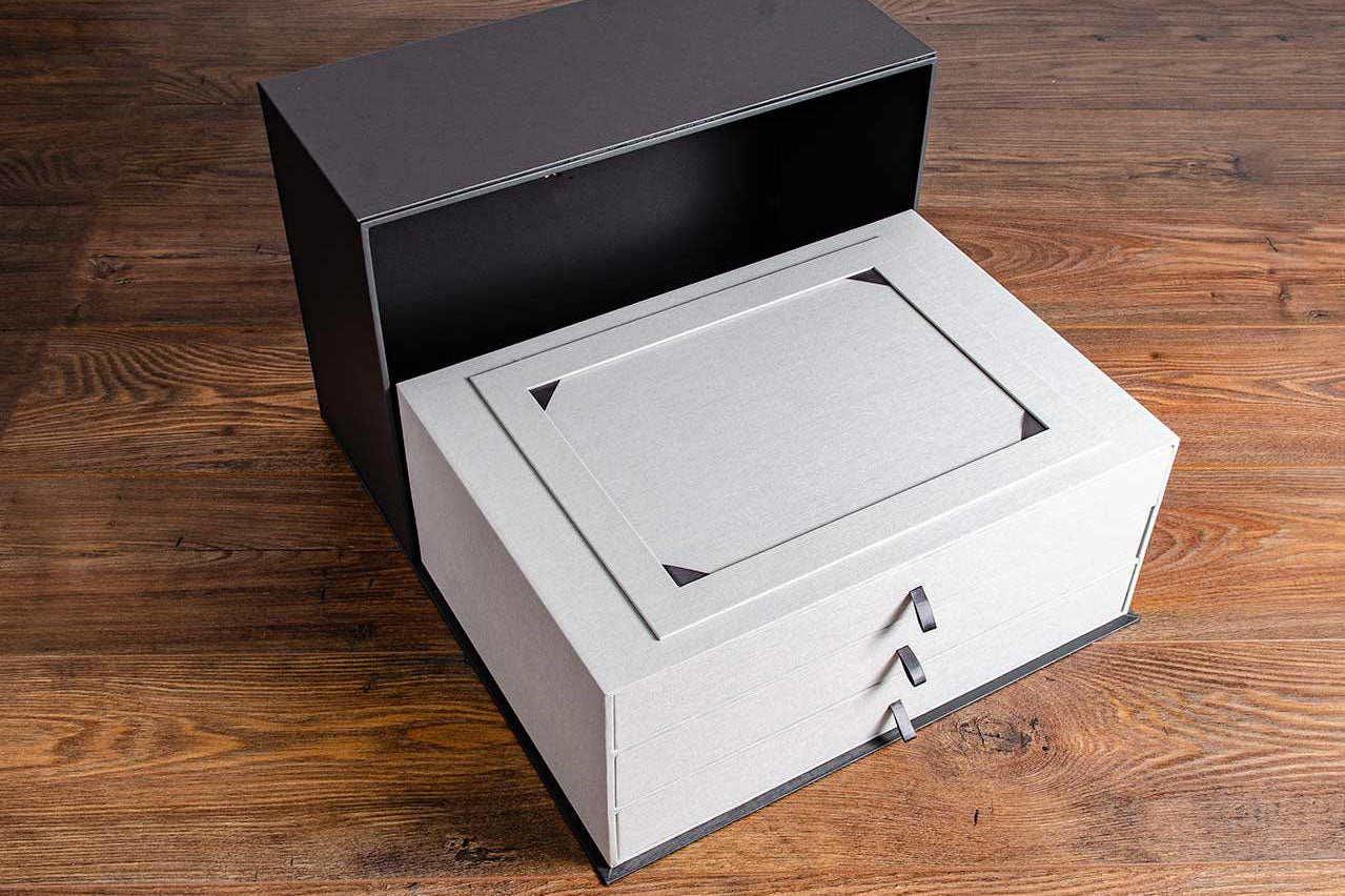 luxury bespoke three drawer presentation box custom made by Hartnack & Co
