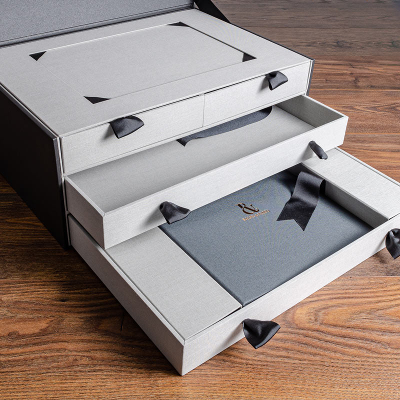 Custom made presentation box with concealed drawers and foiled logos hand made by Hartnack and Co - Gallery image 1