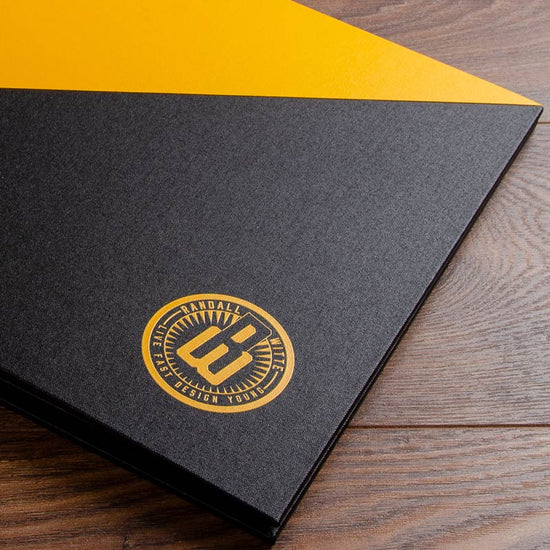 Intricate Yellow UV printed logo on the cover a custom made personalised portfolio book