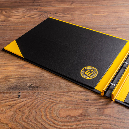 black and yellow screw post inner binder cover with yellow logo on pocket