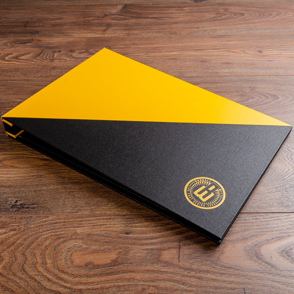 11x17 portfolio book in yellow and black fabric with yellow printed logo on the cover - Gallery image 3