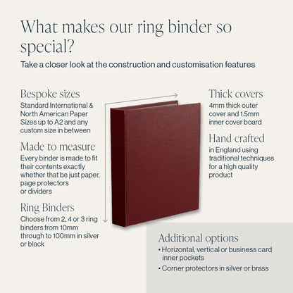 Construction and customisation features of a bespoke ring binder made by Hartnack & Co
