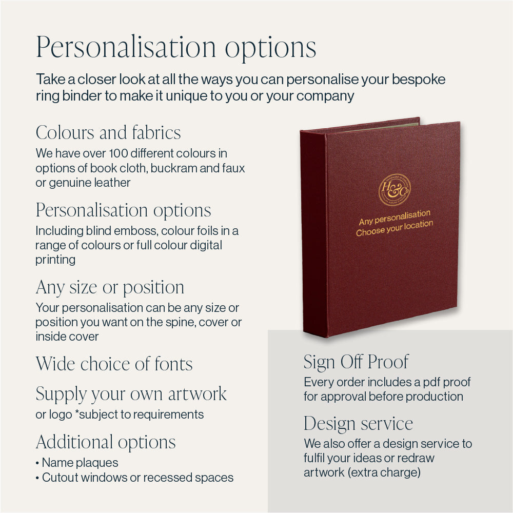 Personalisation options for a bespoke ring binder made by Hartnack & Co