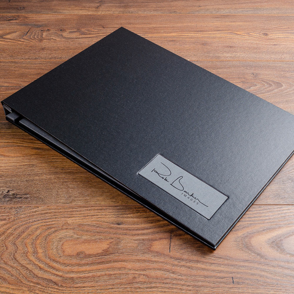 A3 black buckram photographers portfolio book with grey personalised name plaque - Photographers & Designers, Hidden Screwpost Binders, All Screw Post Binders