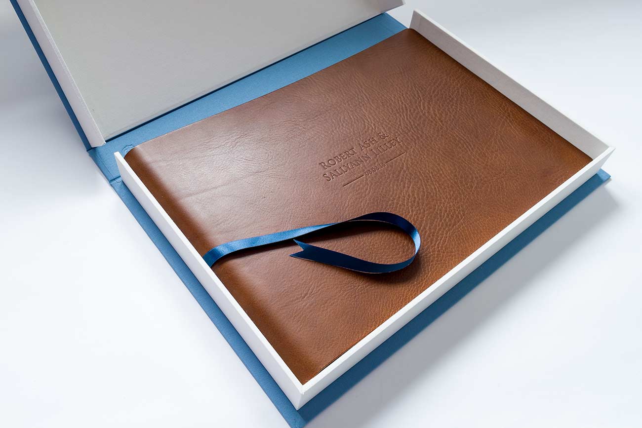 Bespoke clamshell wedding box and leather album cover
