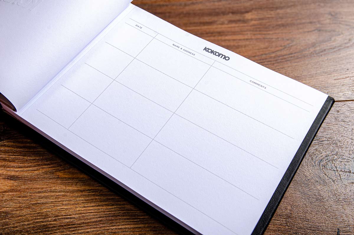 page of a custom made guest book with the name of the yacht printed on the top and the details of the guests name, address and comments printed underneath - Gallery image 5