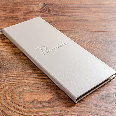 Personalised half A4 drinks menu cover with blind debossed cover. Half double page holder