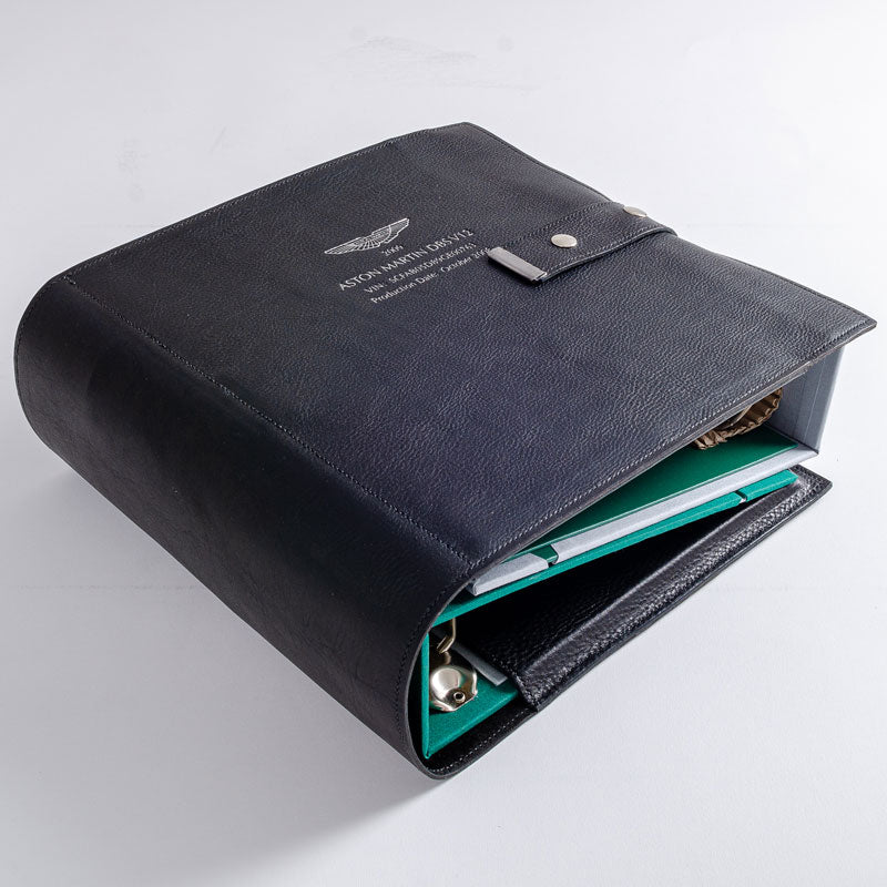 bespoke hand made vehicle document and history files with hand stitched black leather embossed cover - Gallery image 1