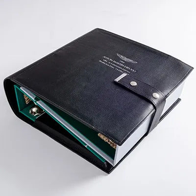 Finest quality black leather car document file holder with ring binders and personalised embossed cover