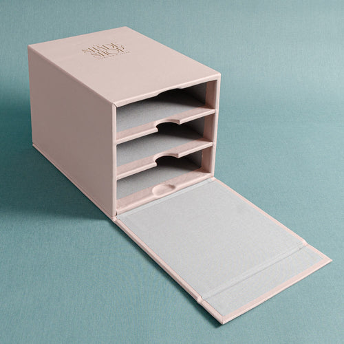 custom made leather box with personalised top open waiting to hold three swatch books