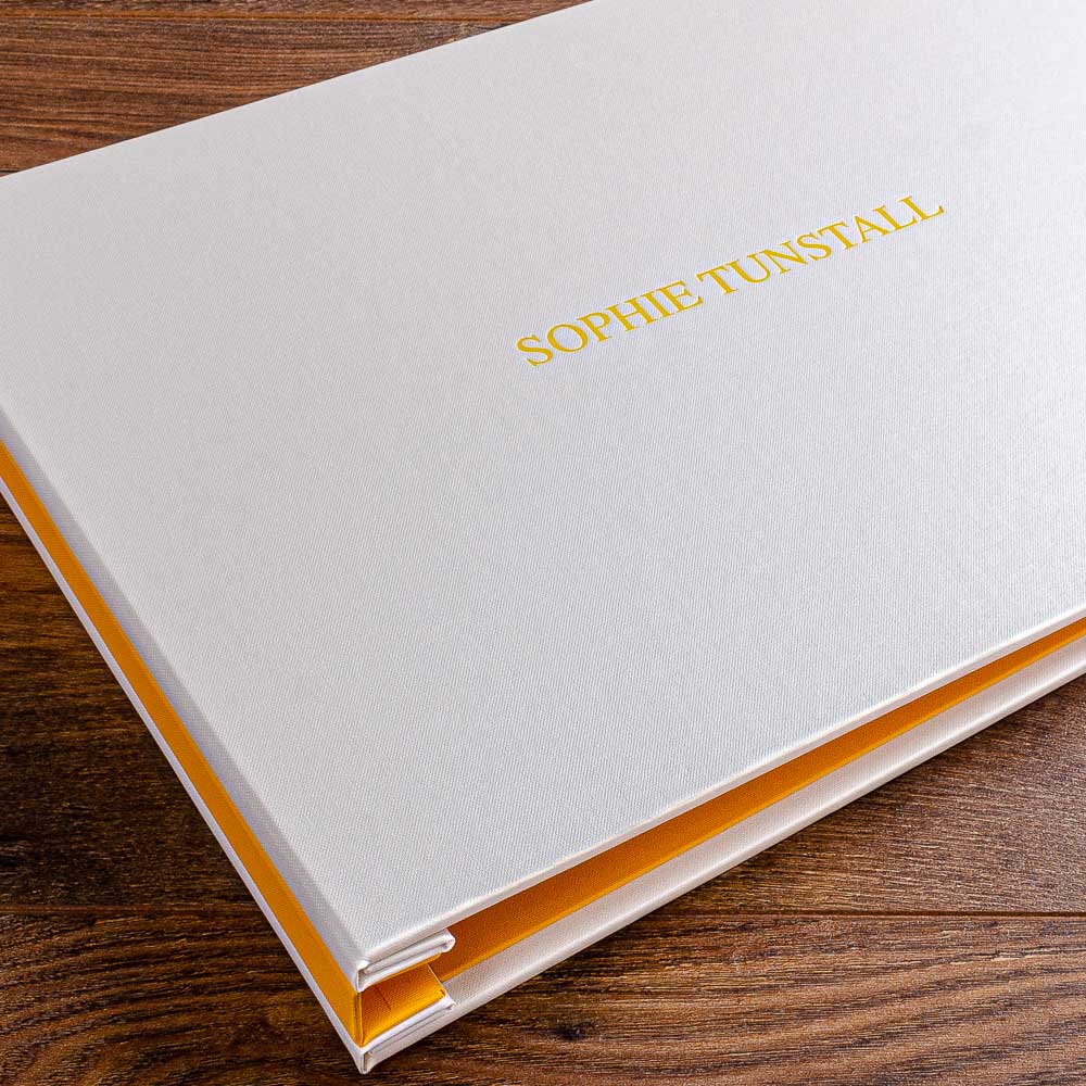 A3 photography portfolio book screw post binder in white and yellow buckram with yellow foil personalisation embossed on the cover - Photographers & Designers, Hidden Screwpost Binders, All Screw Post Binders