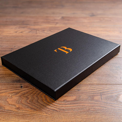 high quality black fabric clamshell archive box with copper foil personalised cover