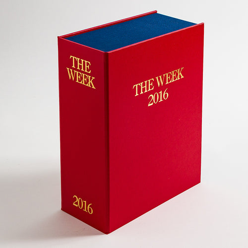 Large red personalised clamshell solander box with the titles for the magazine THE WEEK, to store past editions of the magazine in 