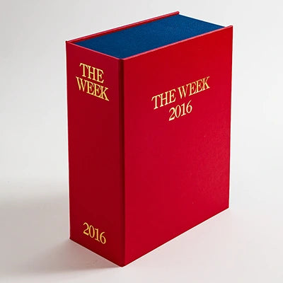 Large red personalised clamshell solander box with the titles for the magazine THE WEEK, to store past editions of the magazine in 